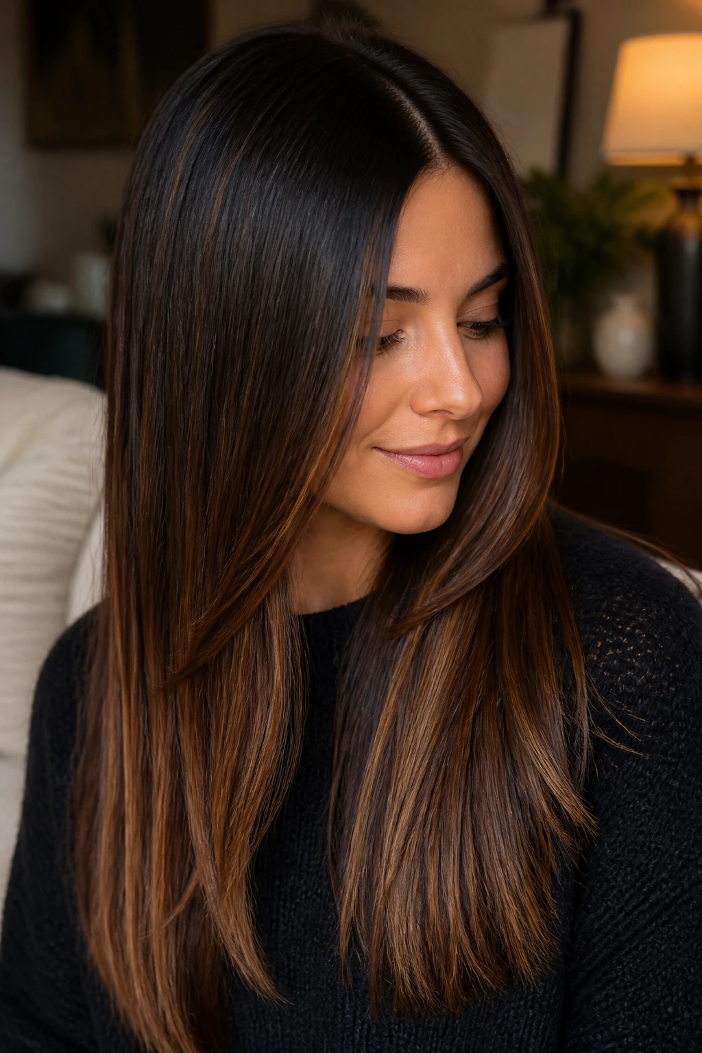 Close-up portrait of long straight hair with dark chocolate base and amber threads