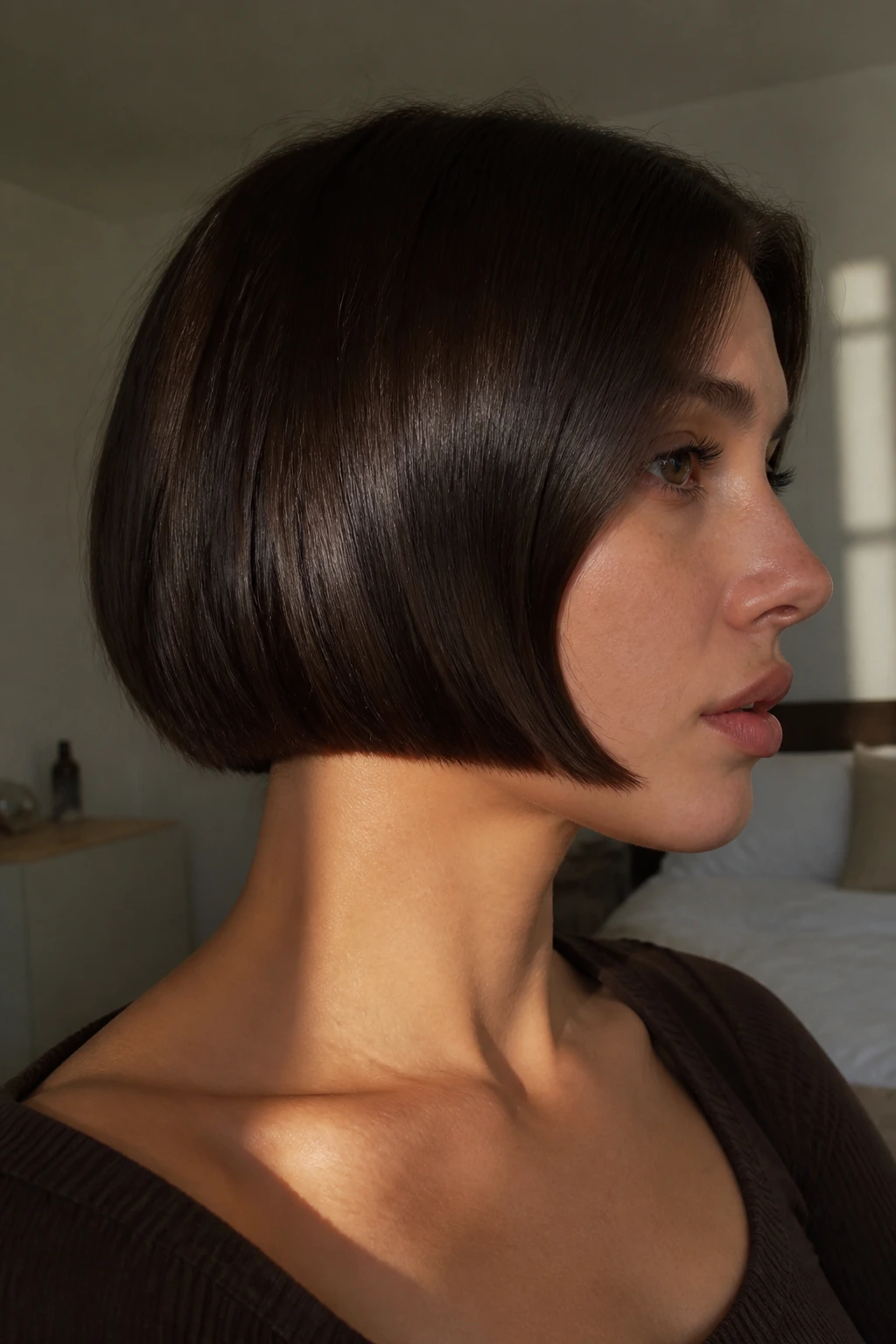 Close-up portrait of a real woman with a dark chocolate micro bob and glossy shine
