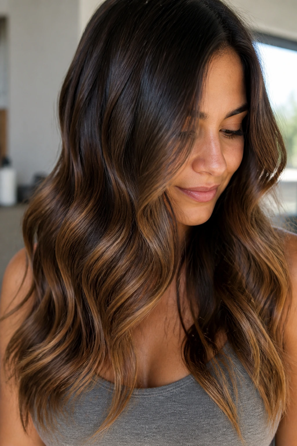 Portrait of a hair color with dark chocolate base and caramel balayage ribbons