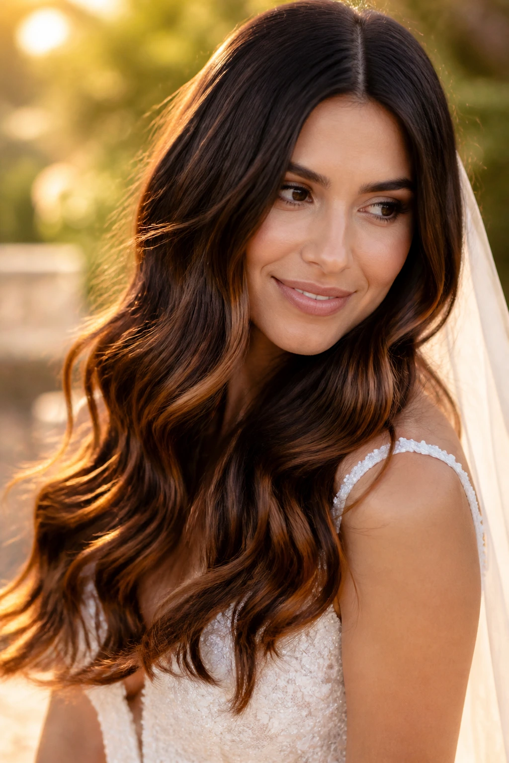 Close-up of a bride with dark chocolate hair and cinnamon ends
