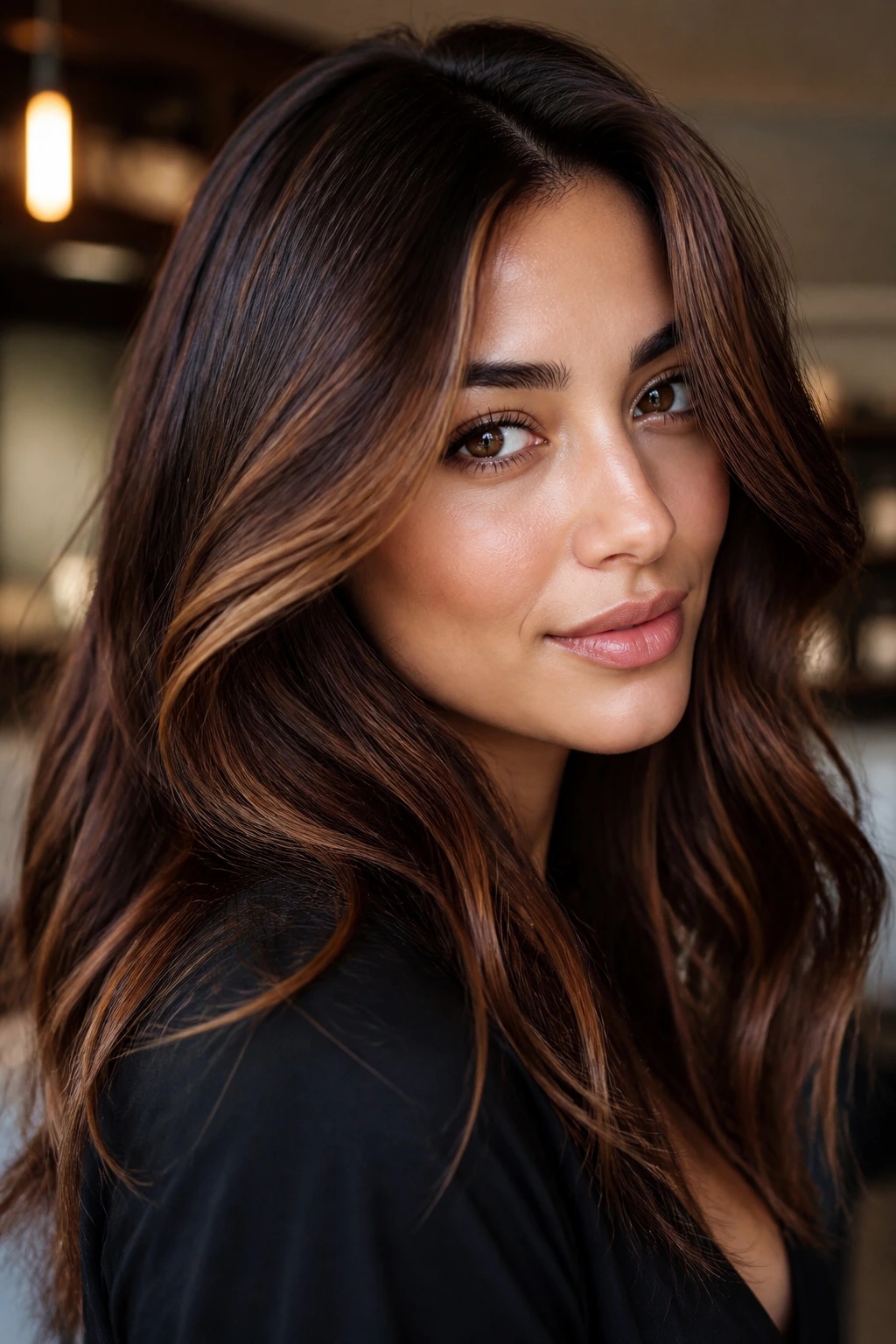 Portrait of a real woman with dark chocolate hair and cinnamon lightening around the face.