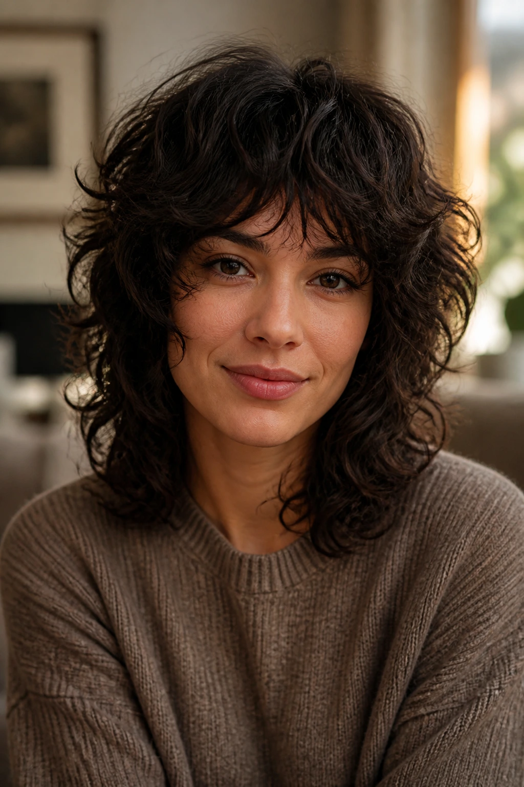 Close-up of a real woman with a dark chocolate curly shag hairstyle