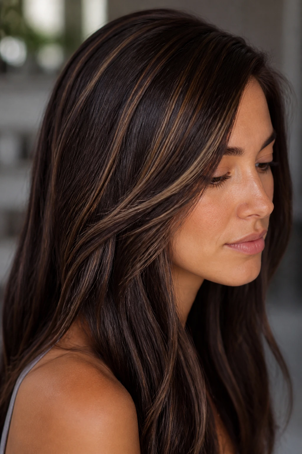 Close-up of dark chocolate hair with thin caramel ribbons woven in.