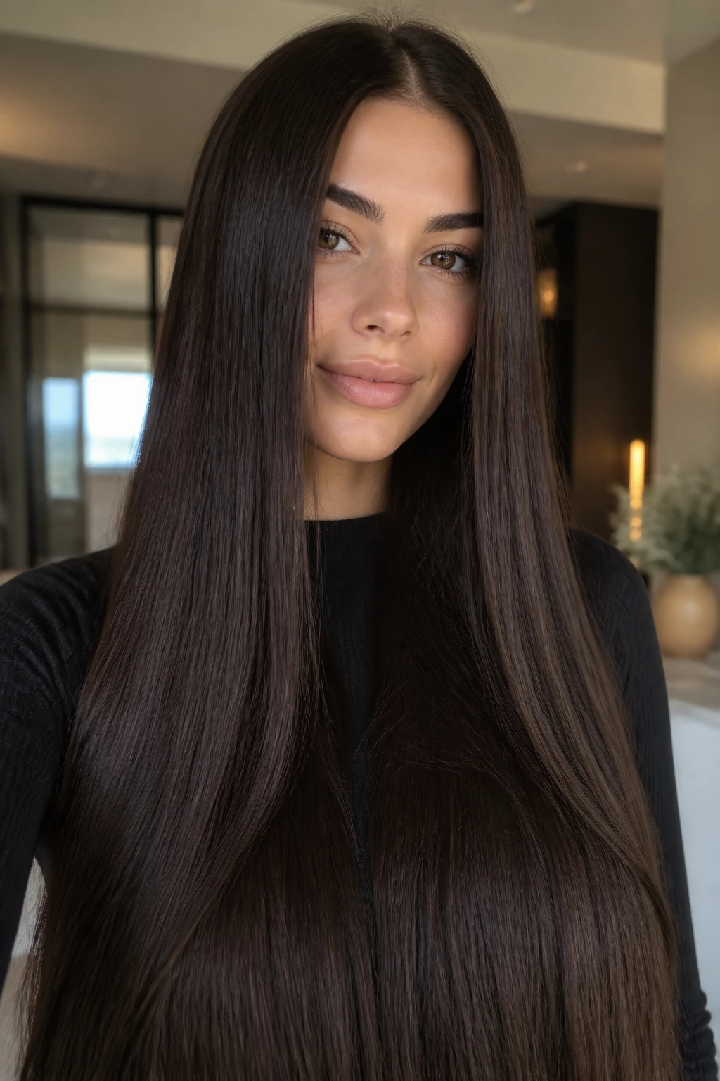 Close-up portrait of a real woman with dark chocolate ultra-long straight hair and center part.