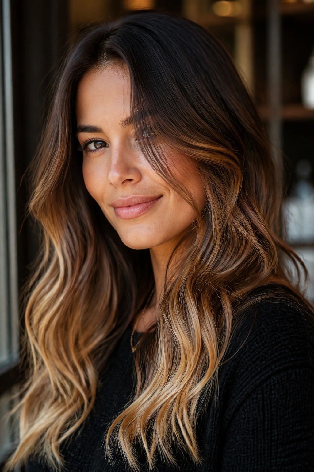 Dark chocolate to honey almond ombre on real person with warm glow