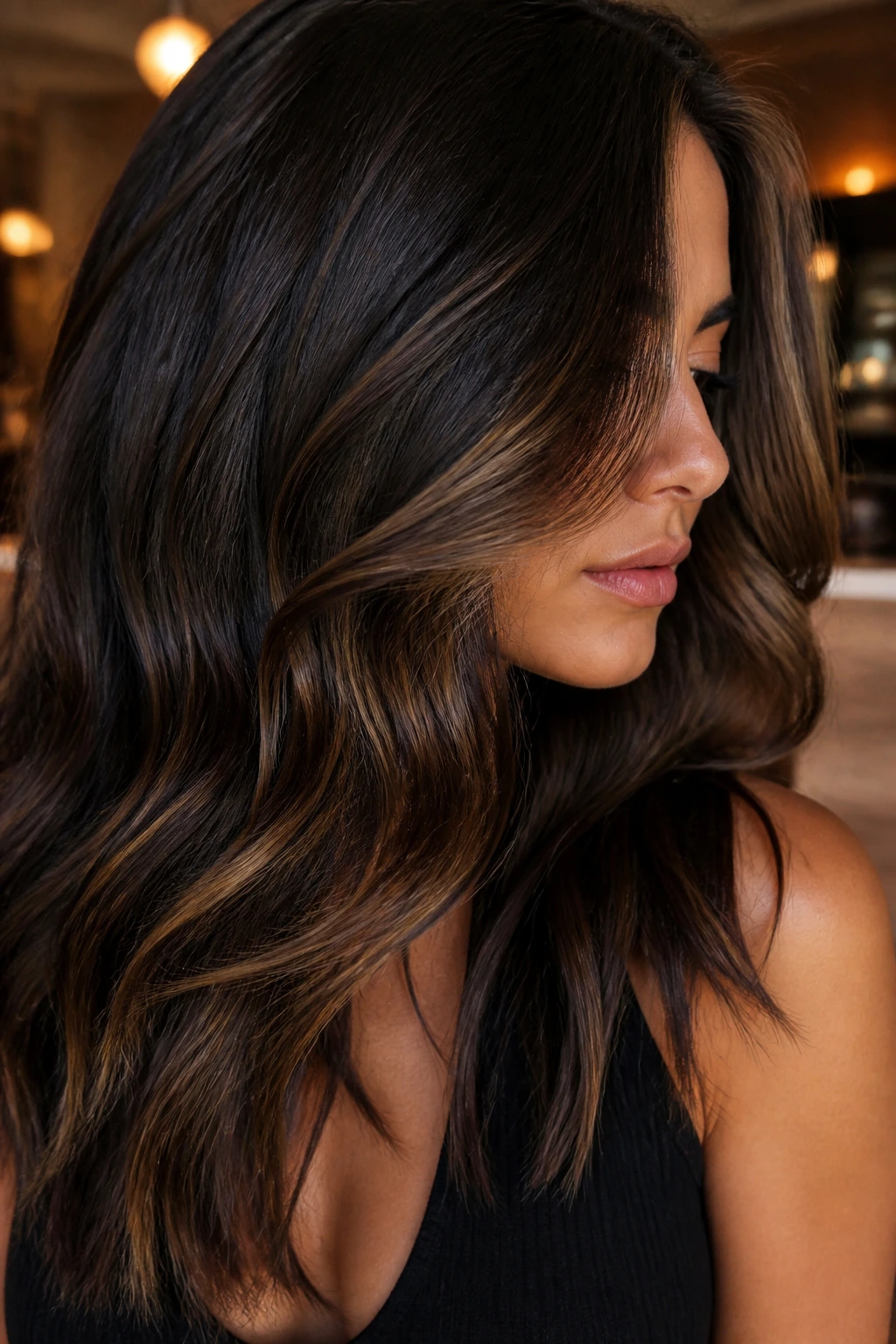 Close-up of dark chocolate balayage with subtle honey threads on a real person