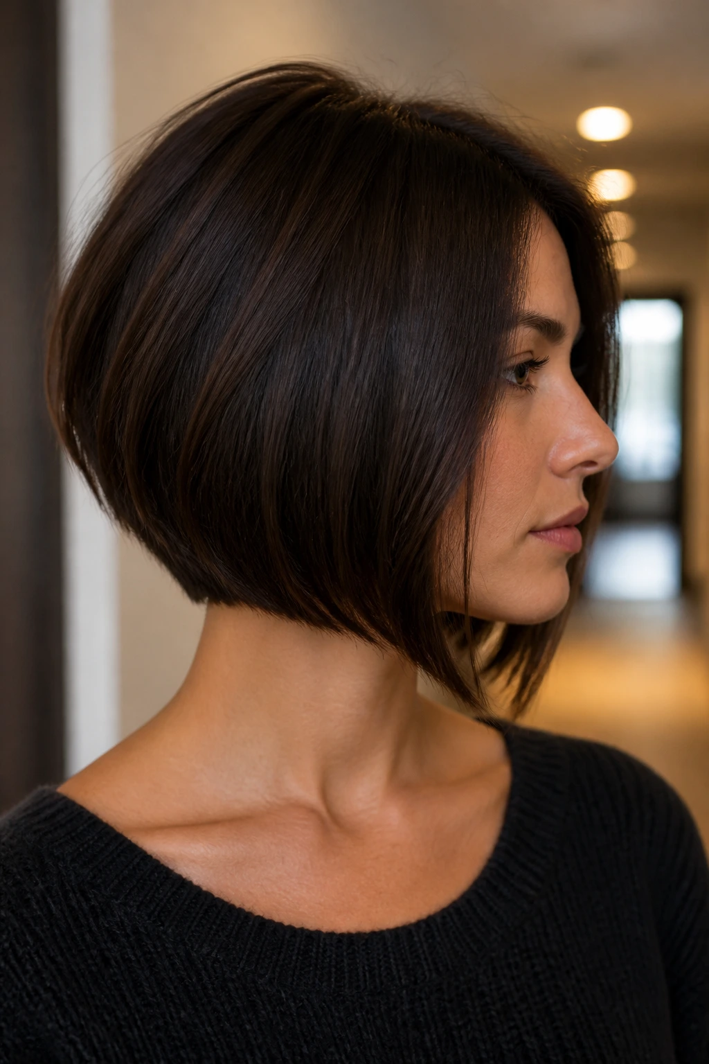 Close-up of a real woman with dark chocolate inverted bob showing a clean neckline and subtle end texture.