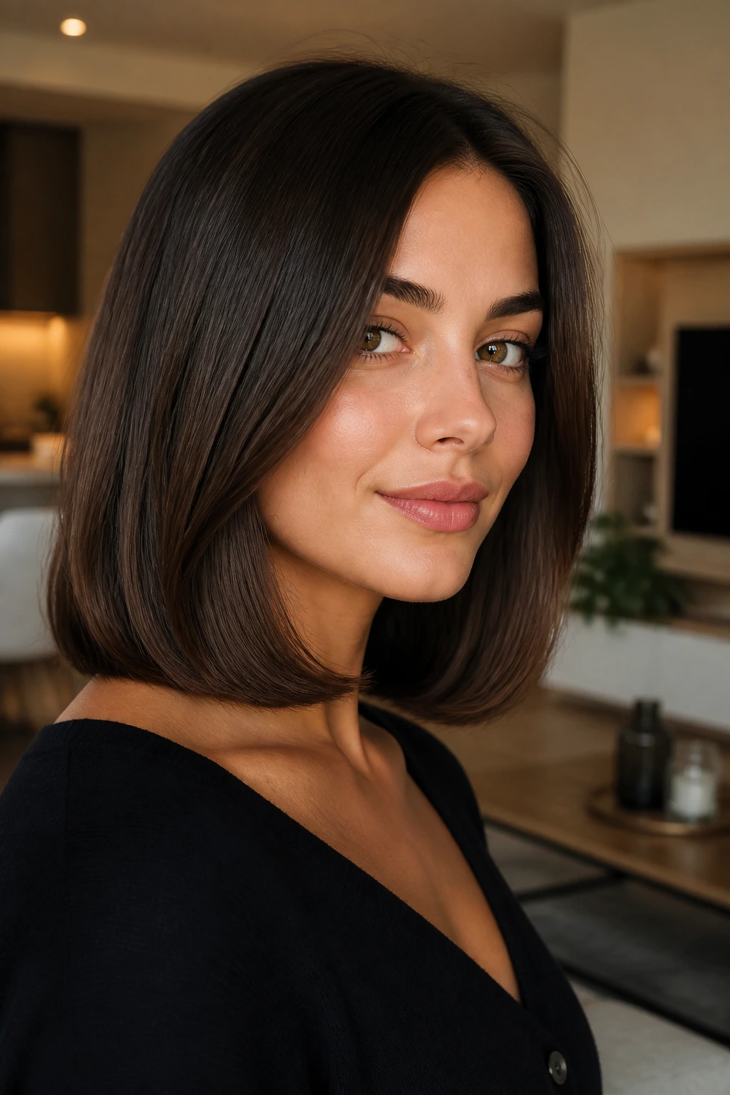 Real woman with dark chocolate lob and beveled ends in warm living room light.