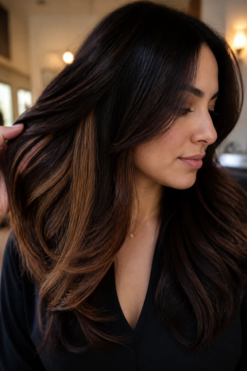 Close-up portrait of a real woman with dark chocolate hair and peekaboo caramel panels.