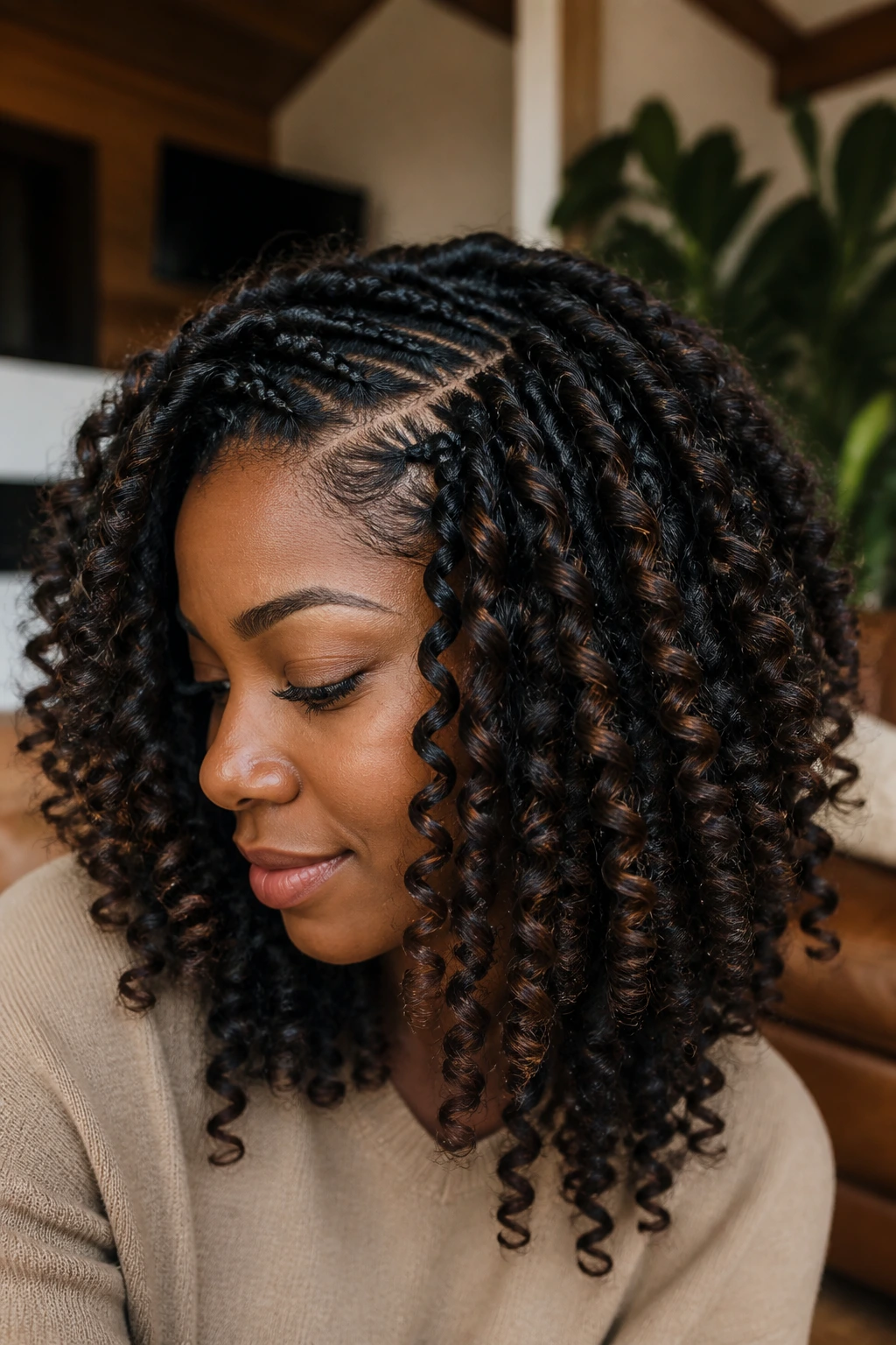 Close-up of a real person with a braid-out featuring dark chocolate ribbons.