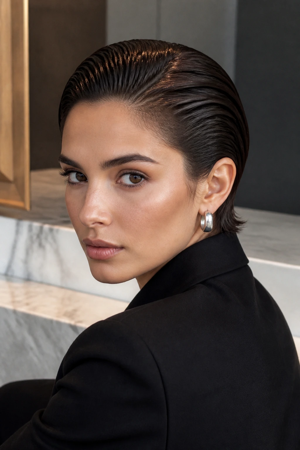 Portrait of a real person with a dark chocolate slicked-back crop in a soft interior setting.