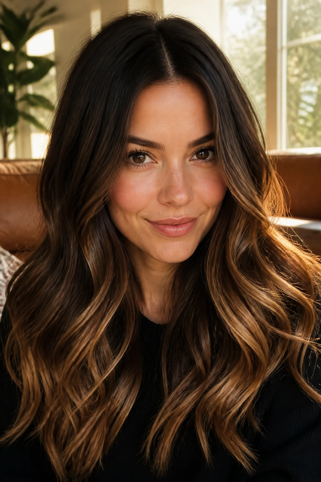 Close-up of long hair with dark chocolate toffee ribbon ombre in a warm living-room setting.