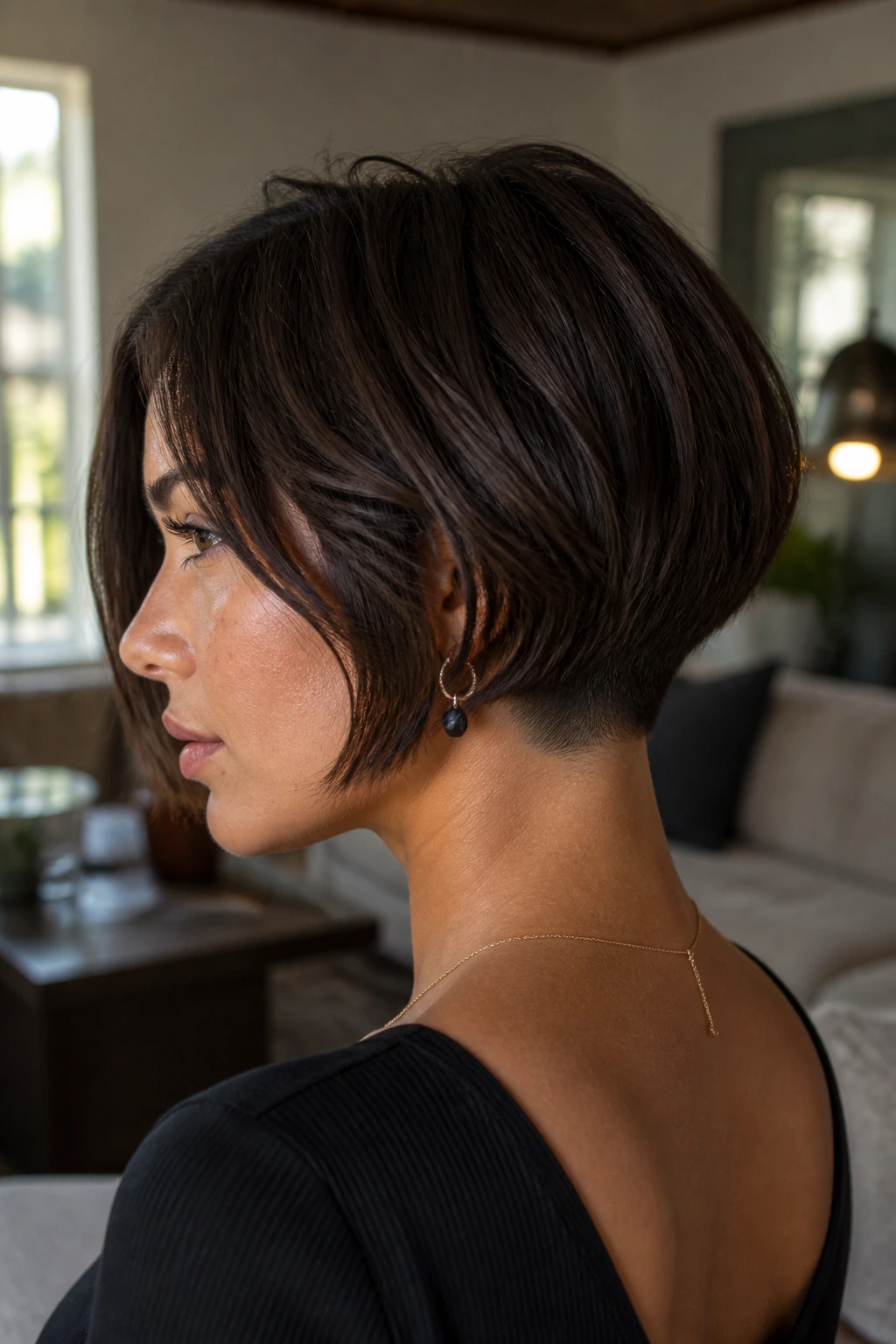 Close-up portrait of a real person with a dark chocolate bob and visible undercut in warm indoor light