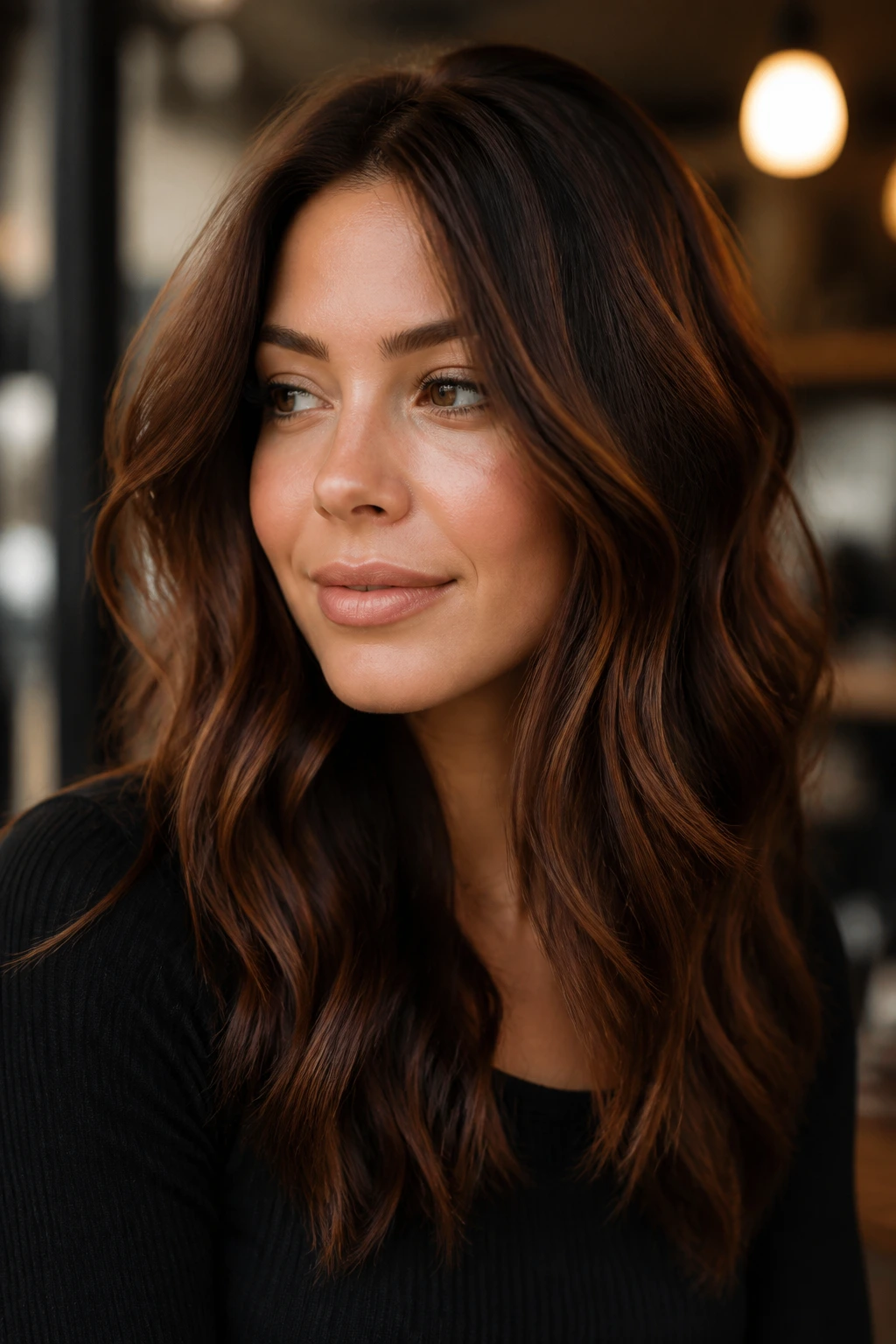 Close-up of dark copper glaze on deep brunette hair by cafe window