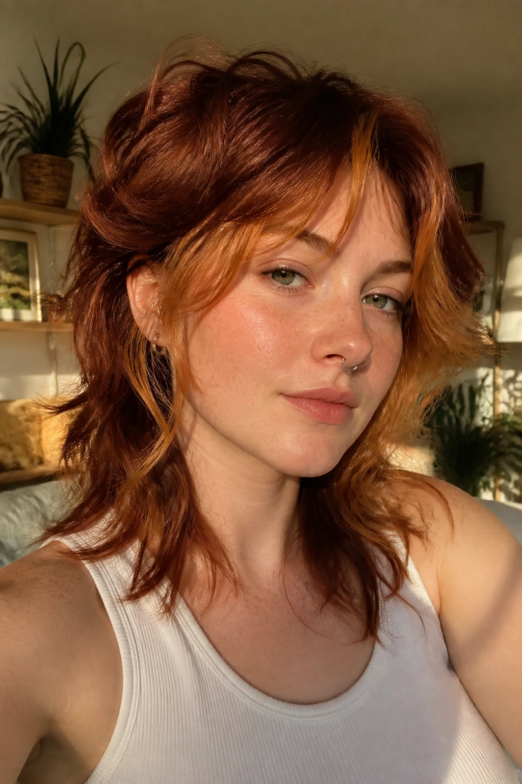 Close-up portrait of a real person with dark copper mullet and honey face-framing strands in warm daylight