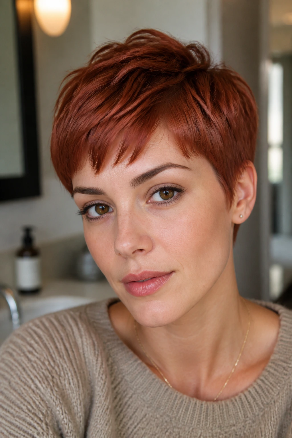 Close-up portrait of a real woman with a dark copper pixie cut in warm window light
