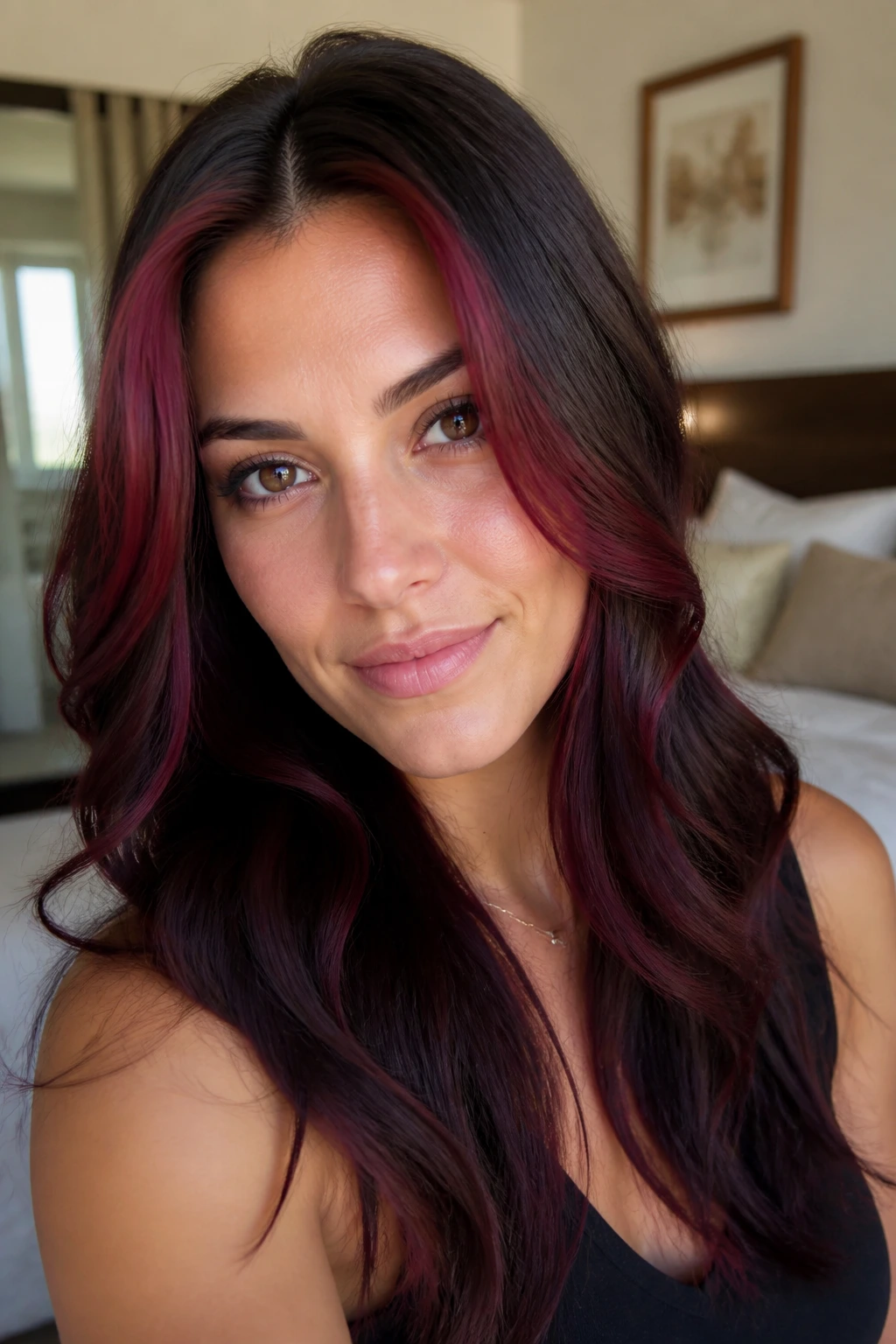 Close-up portrait of a real woman showing dark cranberry face-frame pieces framing the face with warm natural light