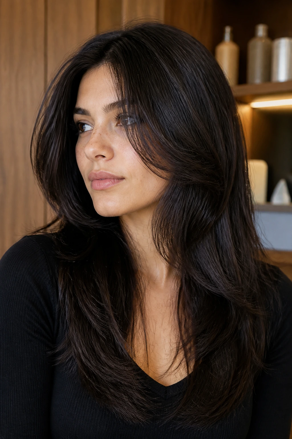 Close-up of real woman with seamless layered dark butterfly cut in a warm room