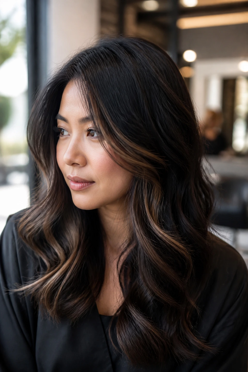 Close-up portrait of an Asian woman with dark hair and subtle highlights