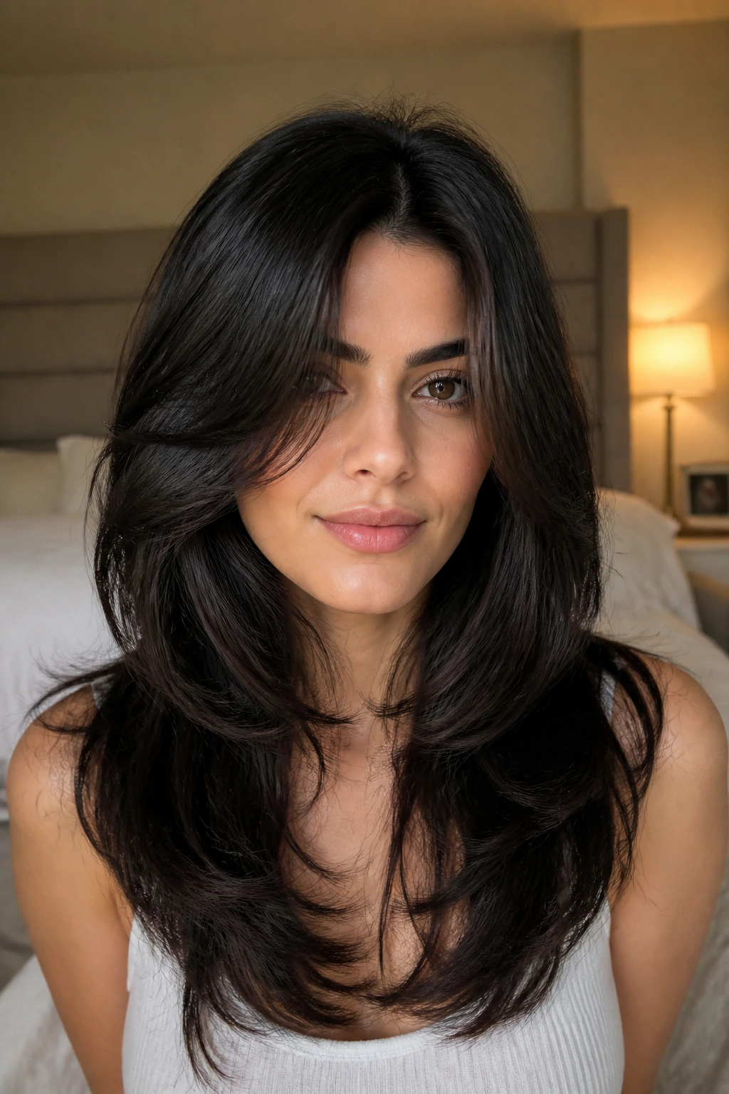 Close-up portrait of a real woman with a dark layered haircut for thick hair, front view showing layered crown and shine