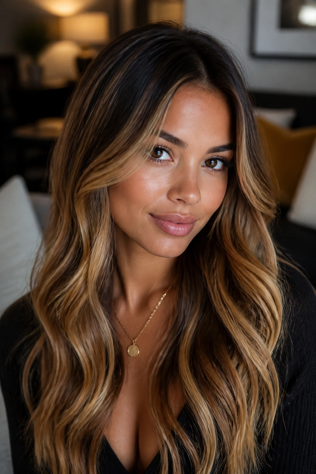Portrait of a woman displaying dark honey root melt in warm light