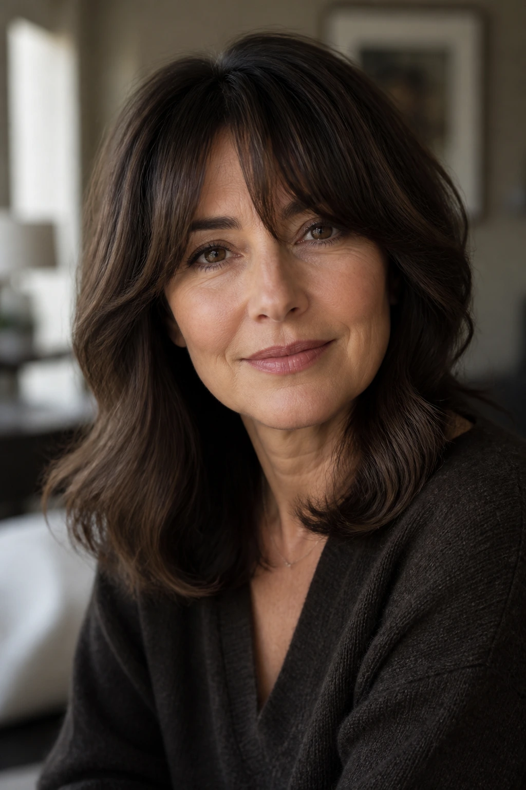 Close-up of a woman with dark mocha midi hair and bottleneck bangs framing her face.