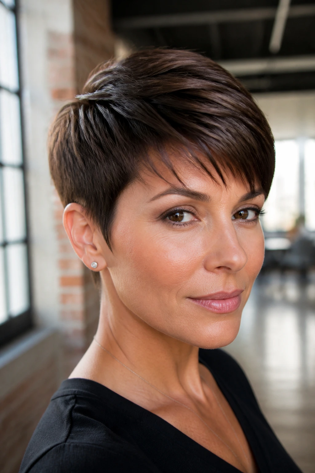 Close-up of a real woman with dark mocha pixie cut and sleek texture in bright urban light
