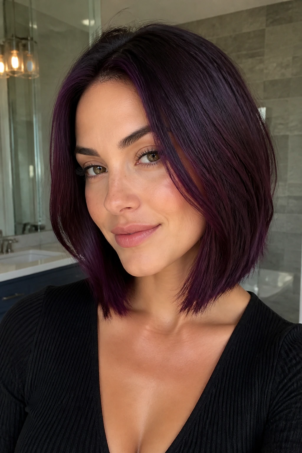 Close-up of a real woman with a dark plum lob hairstyle