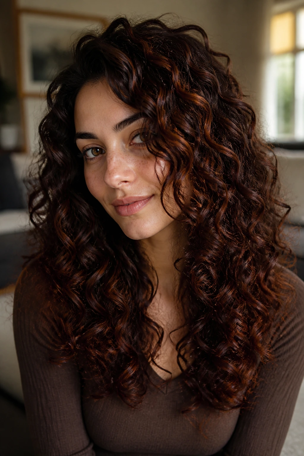 Close-up of a real woman with dark roast brown curls showing auburn veins peeking through.