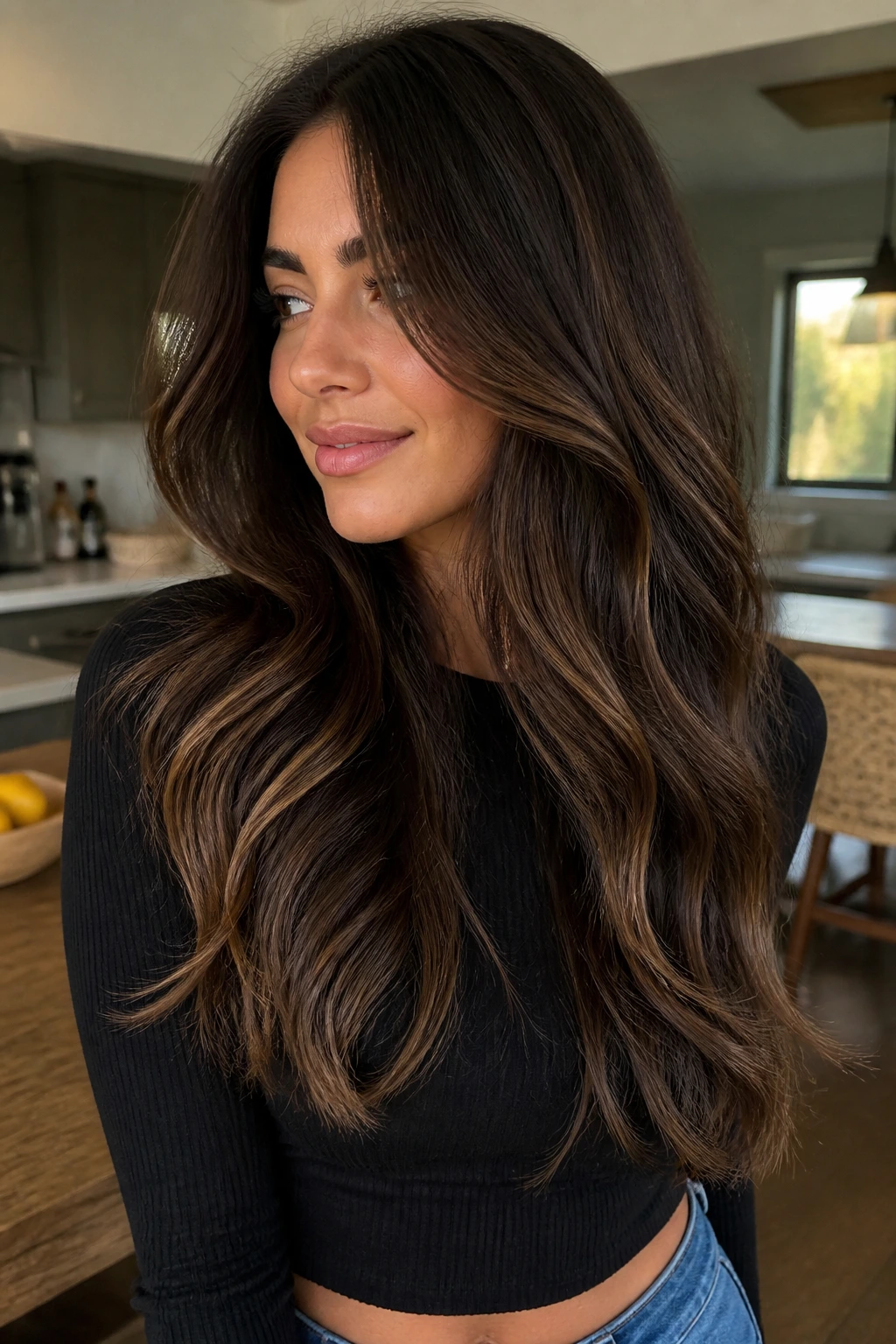 Portrait of a real woman with dark roast balayage and long layers showing deep roots and lighter outer pieces.