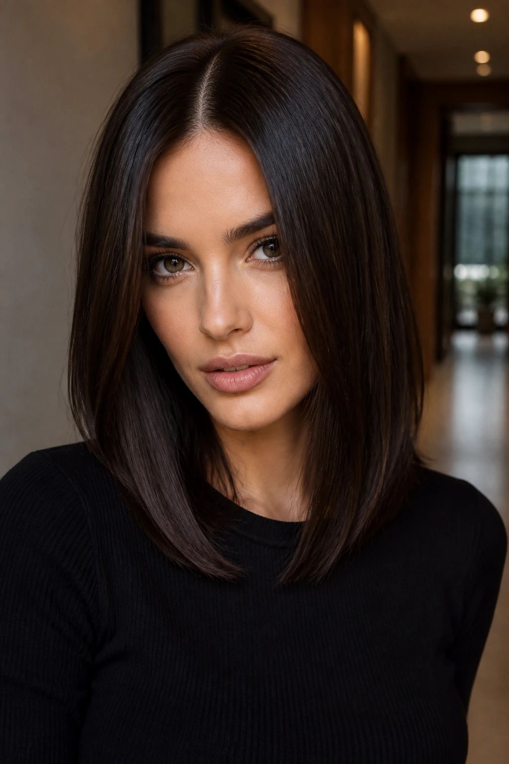 Close-up of a real woman with dark roast straight brunette hair and center part