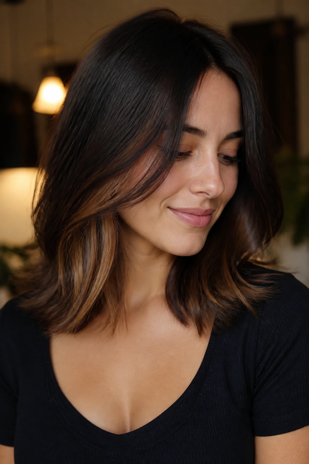 Close-up of dark roast brunette with caramel underlights
