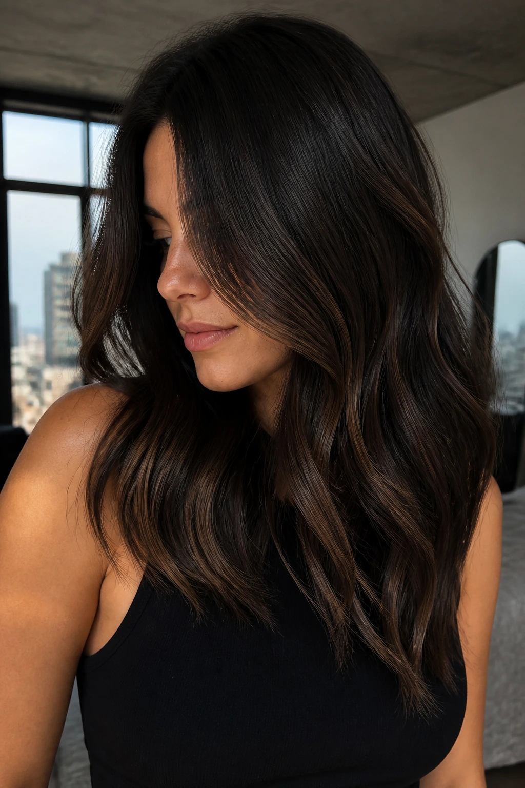 Close-up of real woman with Dark Roast Shadow Lights showing hidden lighter panels.