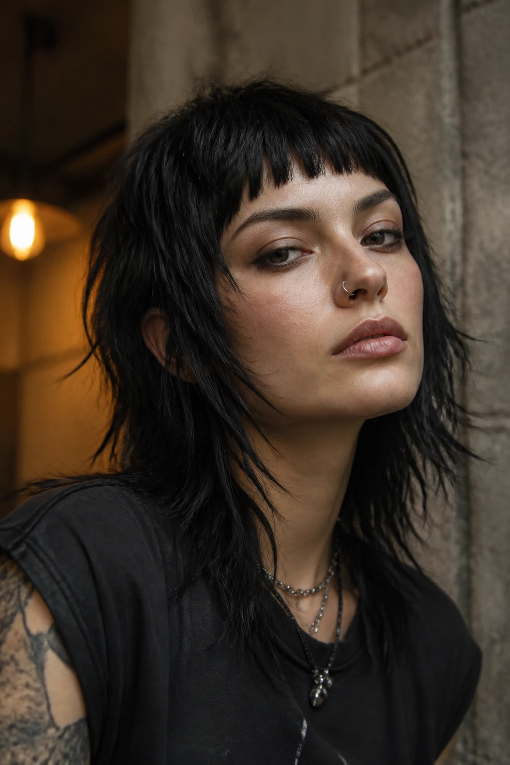 Dark rocker shag with blunt micro fringe close-up portrait on a real person