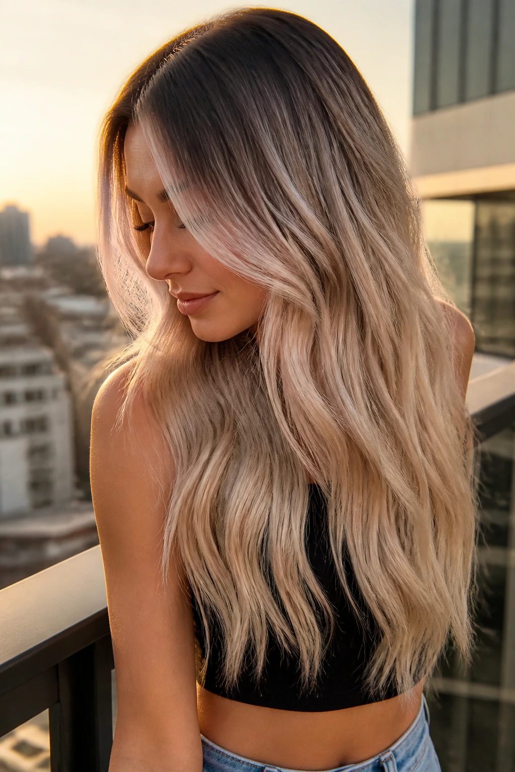 Long hair with a dark root and bright champagne ends on a real person.