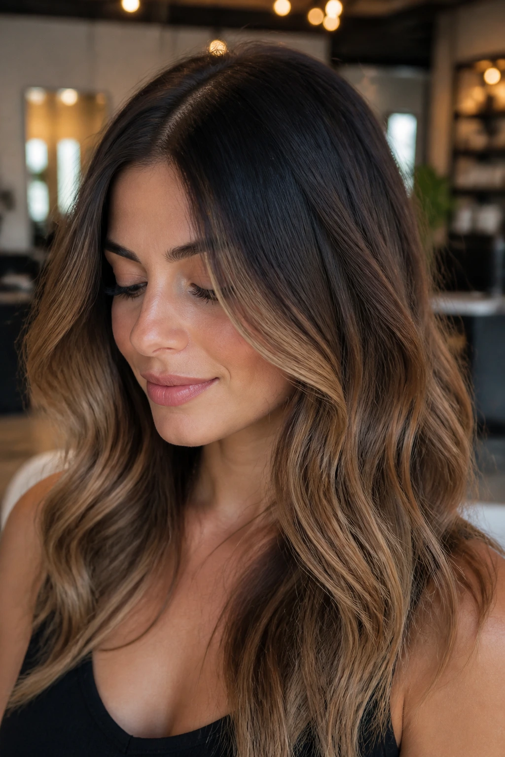 Close-up of a real woman with dark root melt and seamless gradient