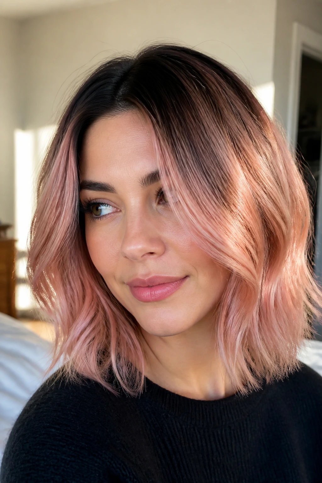 Short lob with dark root to rose gold fade