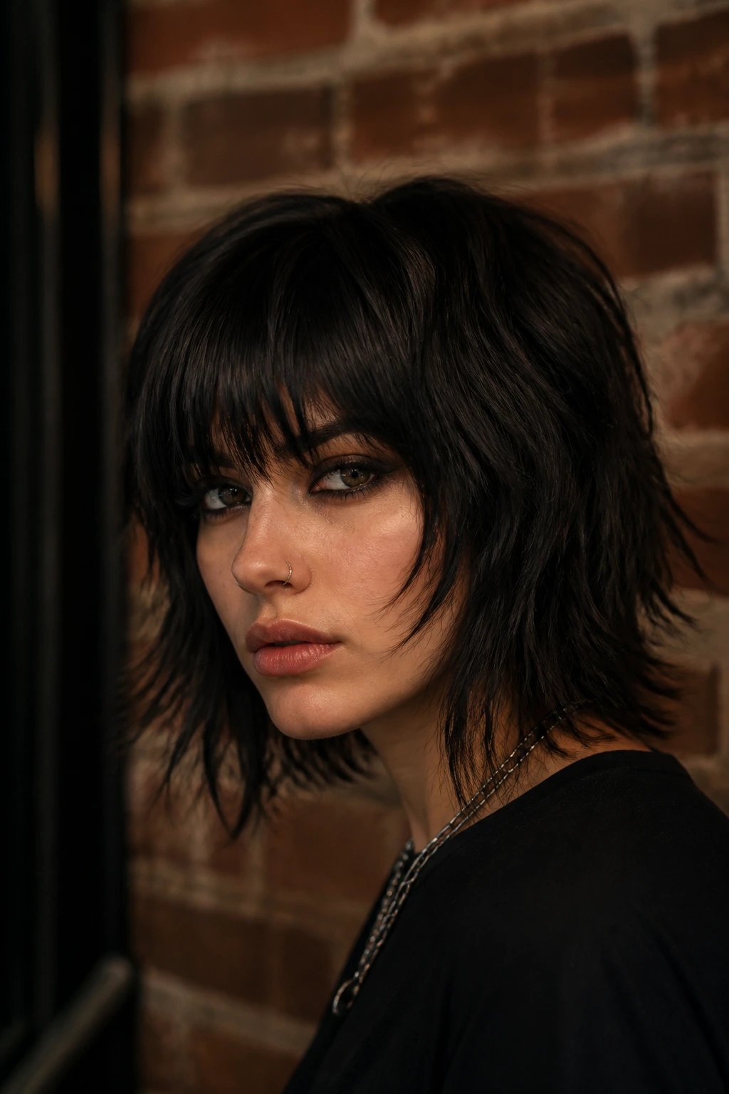 Close-up of a real person showing dark-root wolf bob with heavy fringe under moody lighting