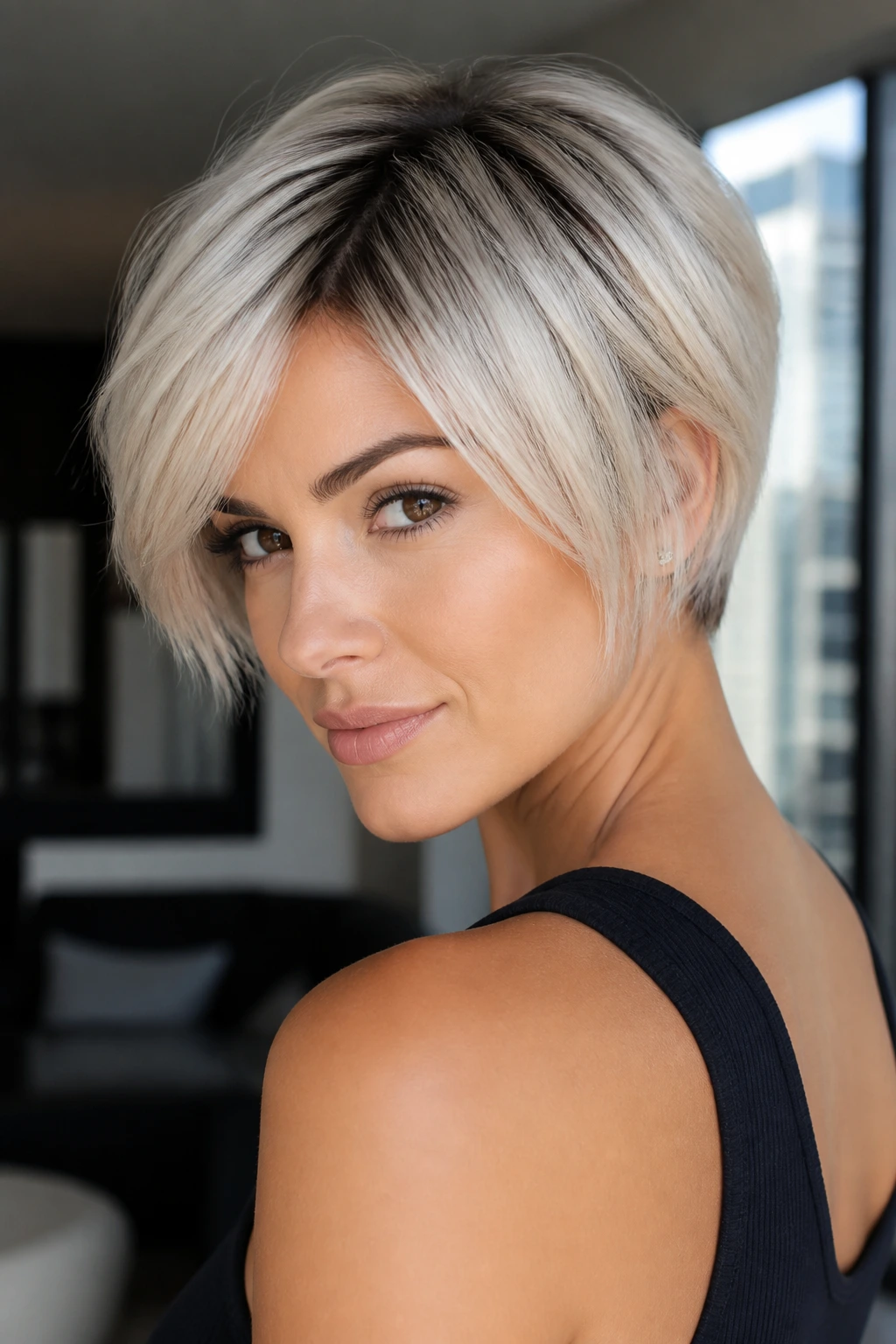 Close-up of a real woman with dark-rooted platinum pixie bob near a window