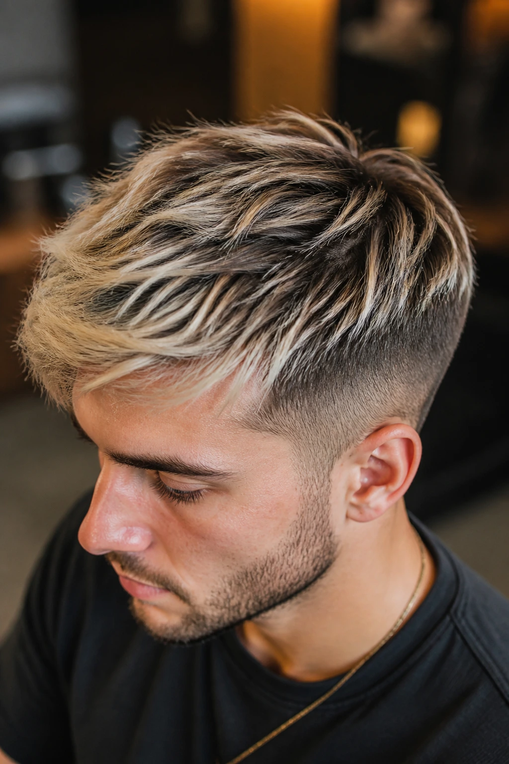 Close-up of a real person with dark roots melting into blonde on short to medium hair