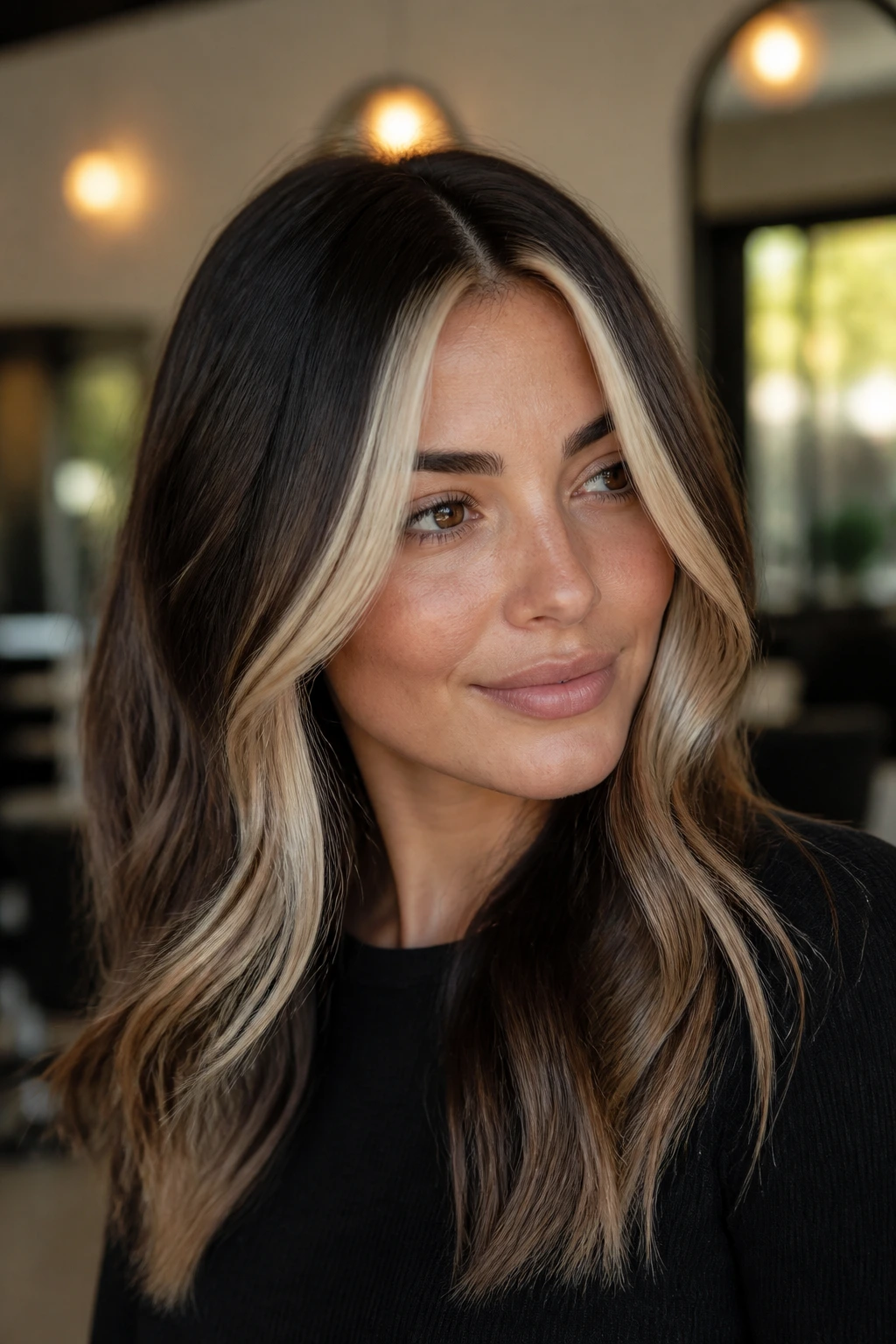 Close-up of brunette with dark roots and bright money-piece framing the face