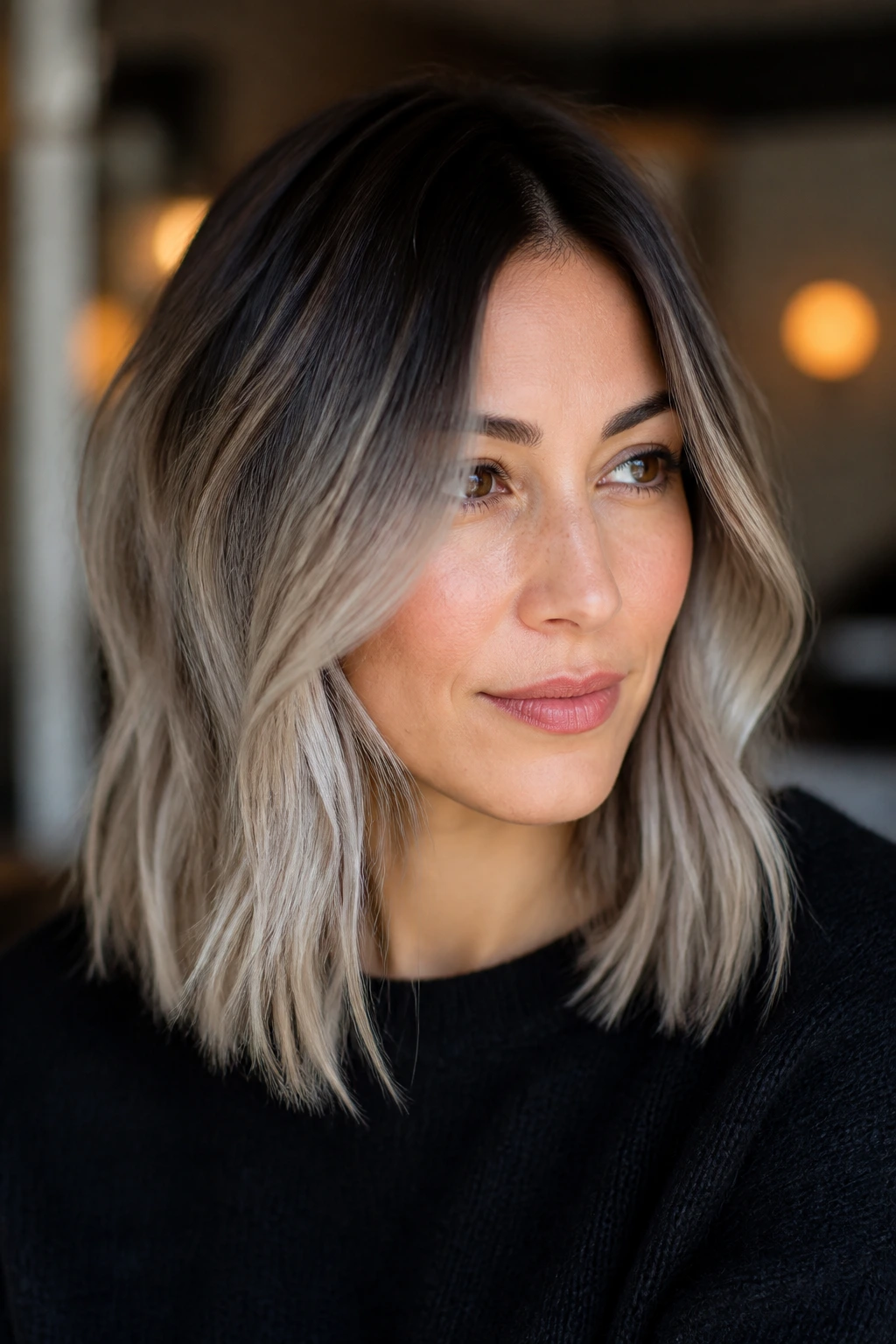 Close-up portrait of a real woman with dark roots and silver-smoke hair in a medium-length lob