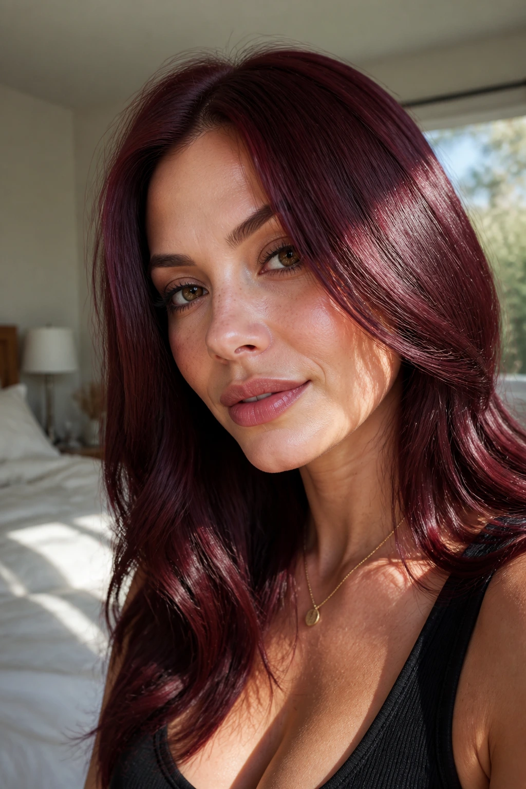 Close-up portrait of a woman with dark rose red gloss hair in a sunlit room