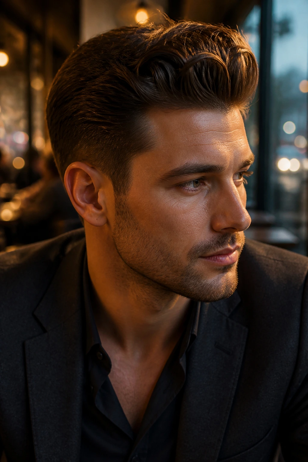 Close-up of a man with a date-night pompadour in a cafe at dusk