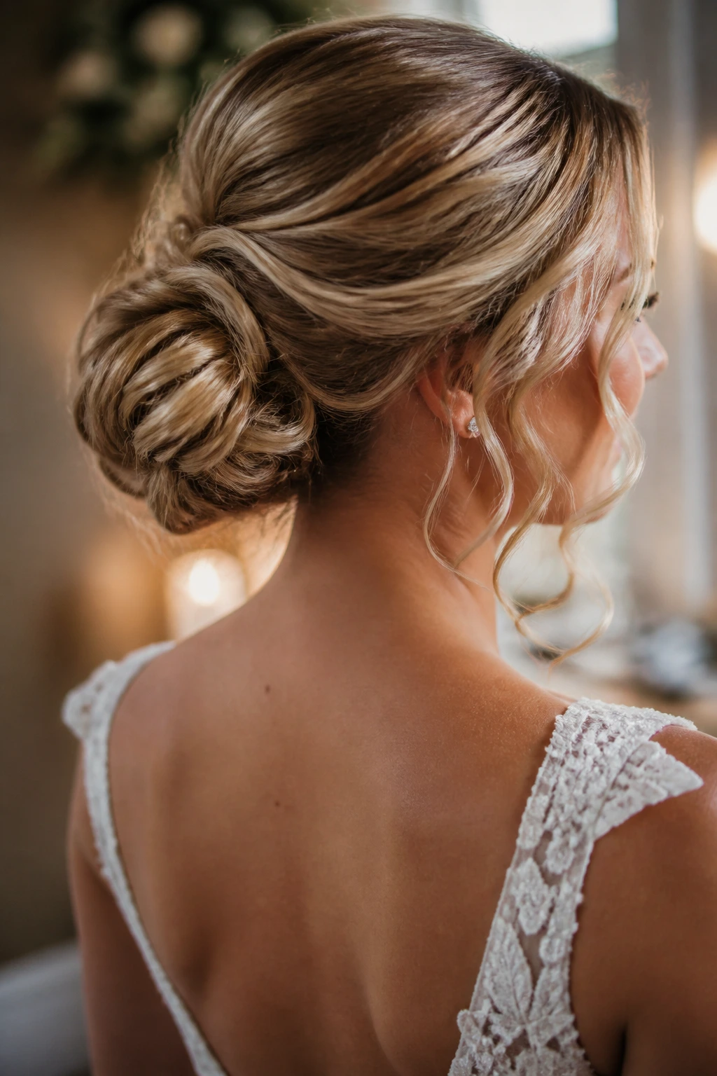 Bride wearing a day-appropriate bun with a graceful silhouette