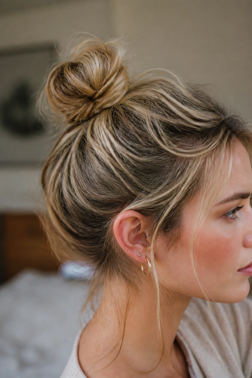 Portrait of a real woman with a day-old hair rescue bun showing texture.