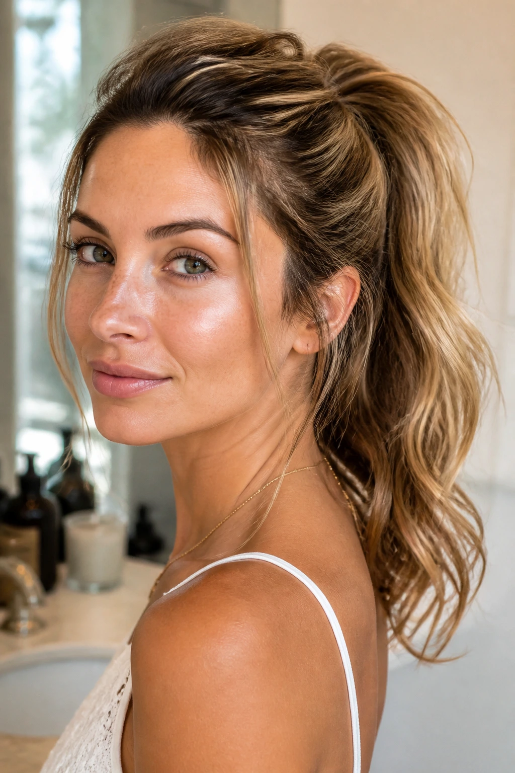 Close-up portrait of a real woman with day-three hair rescue ponytail