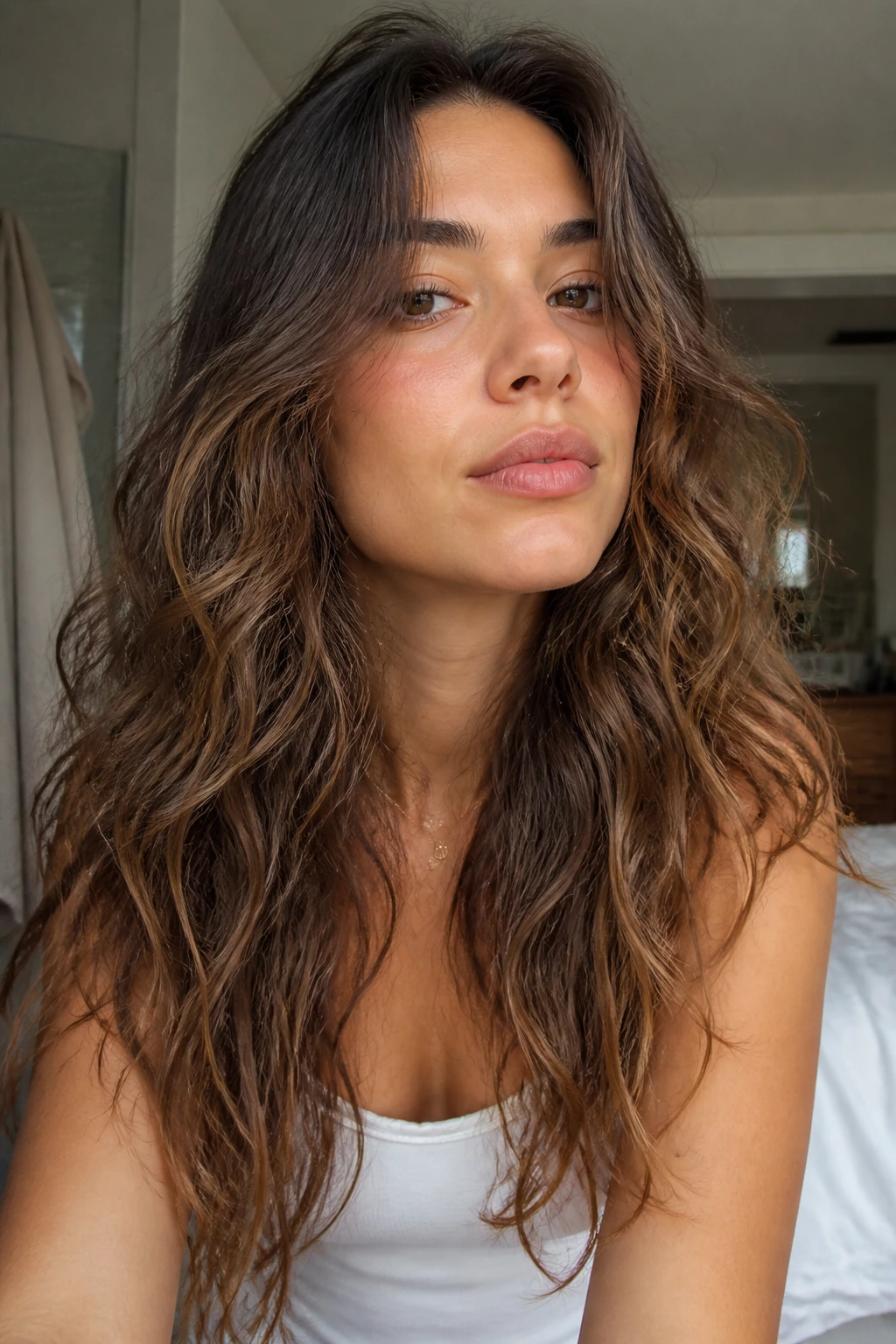 Real woman with day-two long wavy hair, loose waves in warm light