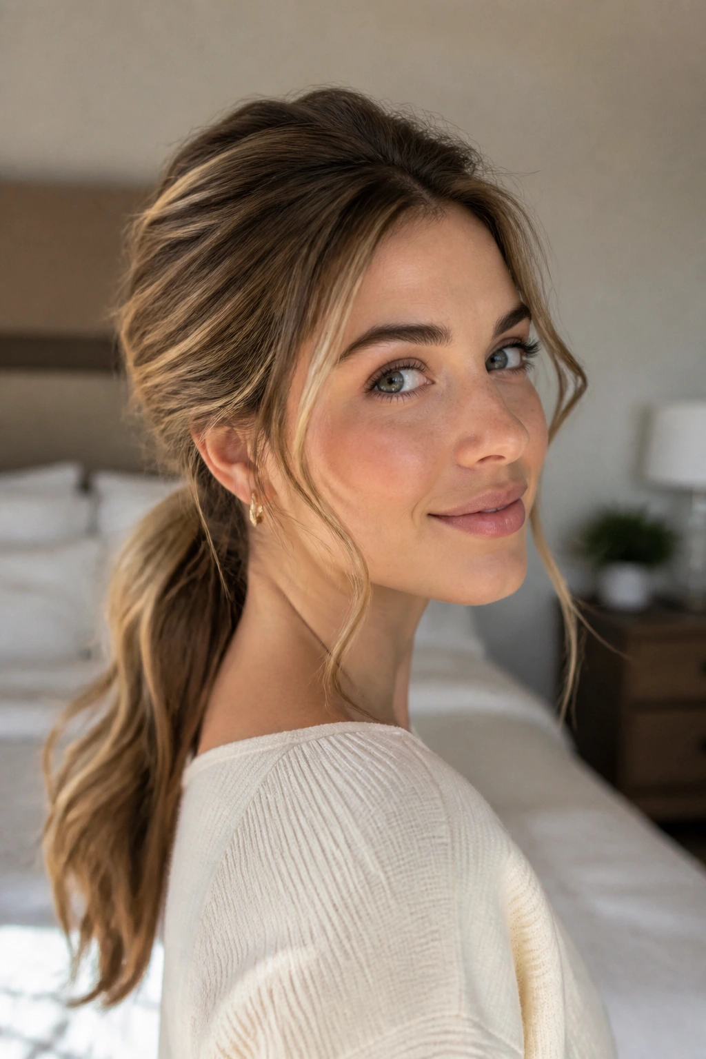 Close-up of day-two hair in a loose low ponytail with soft crown lift in bedroom light