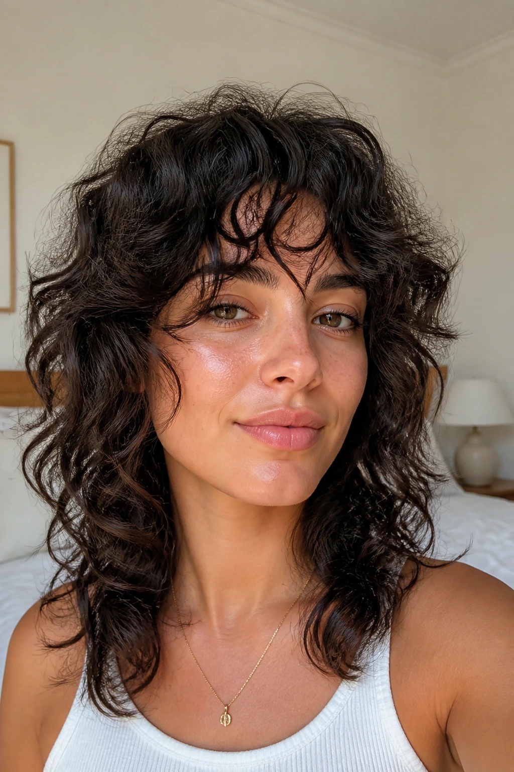 Close-up portrait of a real woman with a day-two refresh shag showing relaxed, revived curls